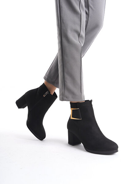 LUPİN SHOES Γυναικείες μπότες με τακούνι Alora μαύρο σουέτ με λεπτομέρεια με αγκράφα