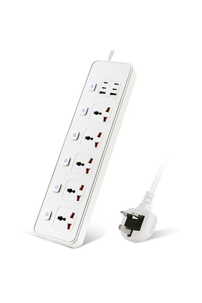 Choice UK Plug WHITE 3250W 13A 250V 5 universal socket with 4Type-C and 2USB 2m cable independent switch po