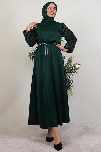 GİYZAMİLA Sleeve-Patterned Dress Emerald