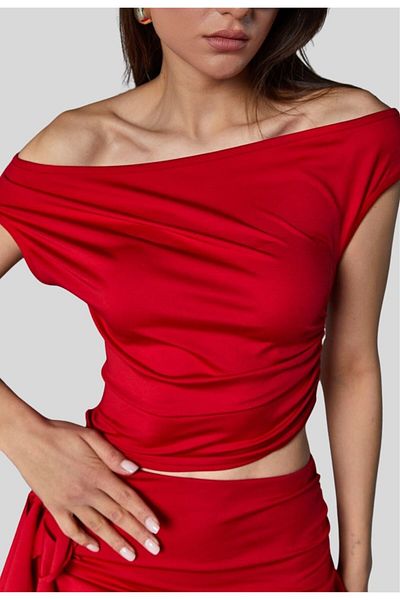 World Fashion Trends Boat Neck Stretchy Crop Blouse
