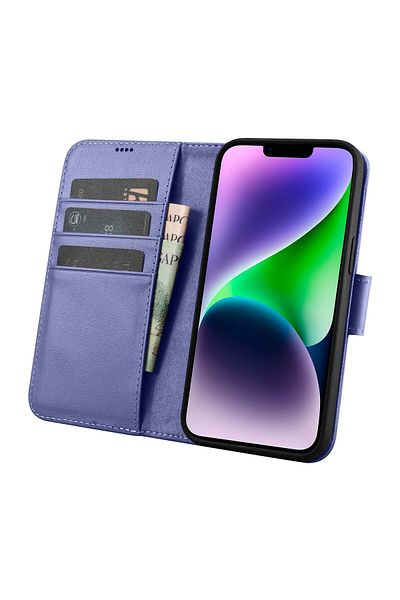 ICARER Husă portofel 2 în 1 din piele cu clapă pentru iPhone 14, anti-RFID, violet deschis