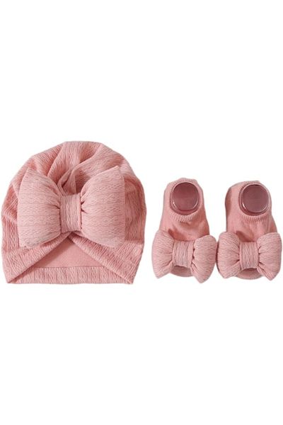 KERNOWSUN Set Turban cu Fundita si Botosei Antiderapante KERNOWSUN, pentru Nou-nascuti, Fete, Bumbac Moale, Cu