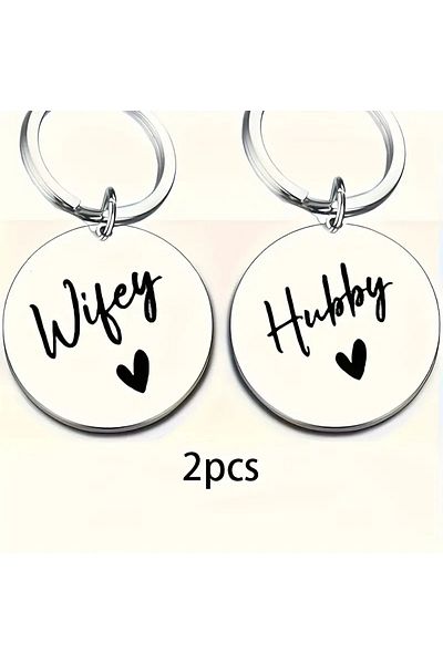 saratremo Set 2 Round Keychains from Stainless Steel – 'Wifey & Hubby'
