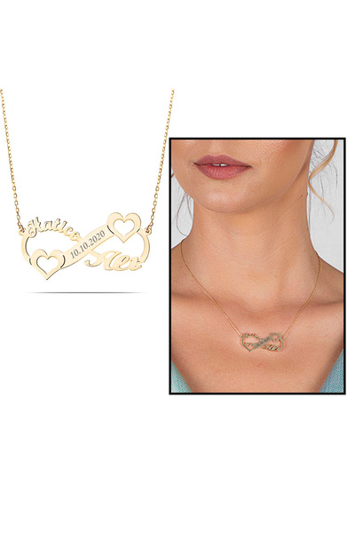 Tesbihane Kişiye Özel İsim Tarih Yazılı Gold Renk 925 Ayar Gümüş Sonsuzluk Kalp Kolye