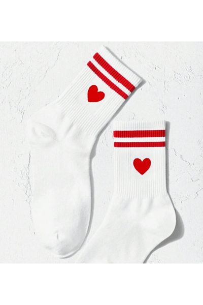 saratremo White sports socks with red heart and stripes – Size 36-39, breathable