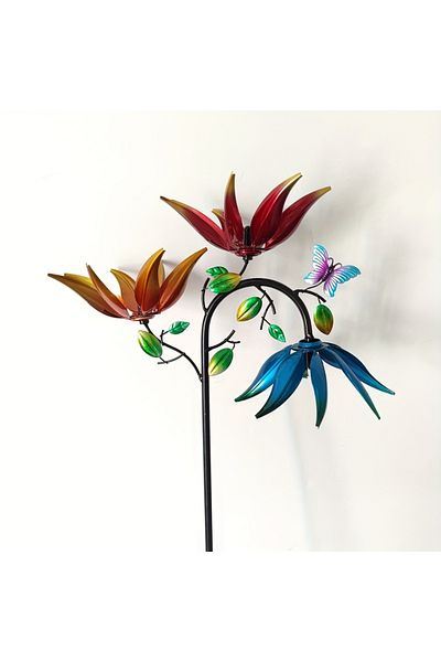 Choice G4077A Metal Wind Spinner with Flowers and Butterflies, Three Rotating Flower and Butterfly Windmill
