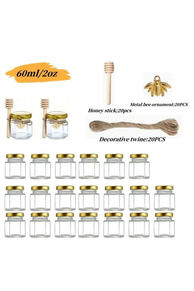 Choice 60ml-20packs 1.5/2/3 oz Hexagonal Mini Glass Honey Jar with Wooden Spoon, Bee Pendant and Jutes, Ver