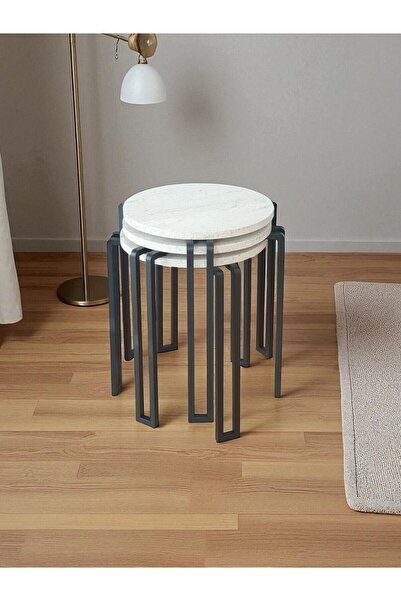 Bye Concept More DEKORATİF 3’LÜ ZİGON SEHPA METAL AYAKLI BEYAZ AHŞAP YUVARLAK MİSAFİR SERVİS SEHPASI ORTA SEHPA