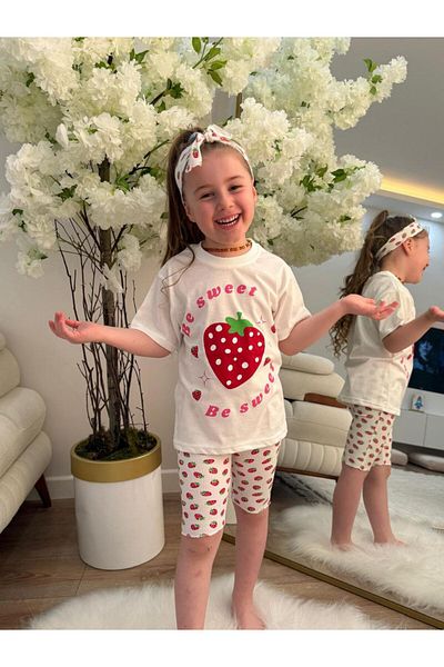 GÖKJOY BUTİK Premium Quality Strawberry Printed Hair Band Included 3-Piece Summer Tights Set