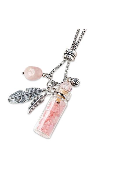XTERRA BOTTLE PENDANT WITH NATURAL ROSE QUARTZ CRYSTALS AND ANGEL WINGS | THE SOUL SPEAKS