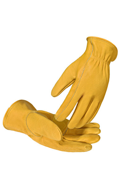 Choice قفازات عمل جلدية مرنة مقاس XL صفراء، زوج واحد، قابلة للتمدد، معصم، مصن...