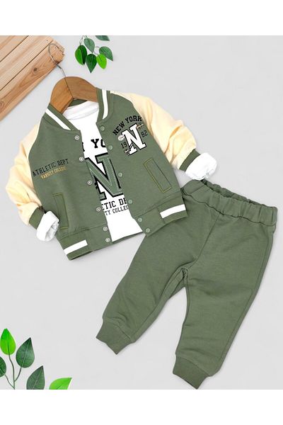 voyyo kids baby Baby Boy 3-Piece Seasonal Suit |   College Jacket, Long Sleeve Top and Bottom Set |   6-9-12-18-24 Months