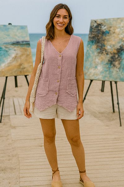 LaraLisa Collection Women's Muslin Vest with Buttoned Pockets