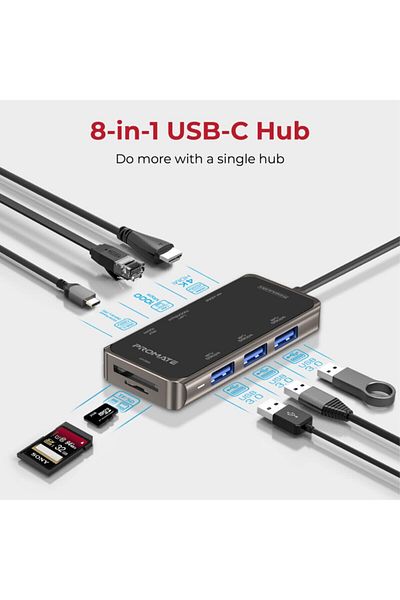 Promate موزع USB-C، محول متعدد الوظائف 8 في 1 من النوع C مع منفذ توصيل طاقة USB-C بقوة 100 وات