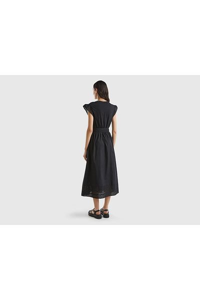 United Colors of Benetton Black Midi Dress with Lace Butterfly Sleeves for Women