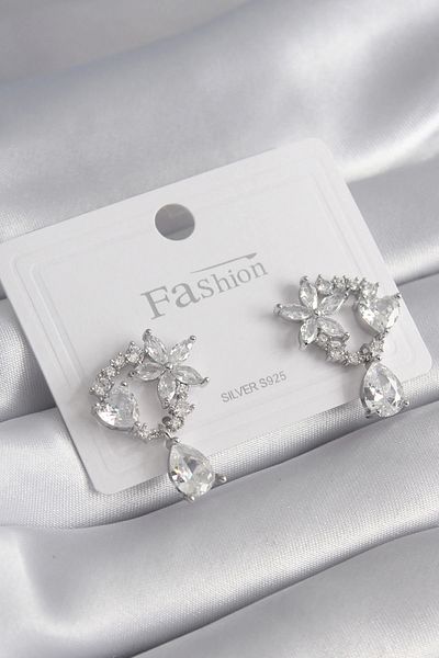ALFA AKSESUAR 03 Brass Silver Color Zircon Cubic Zirconia Flower Model Dangle Detail Women's Earrings - TJ-BKP8453