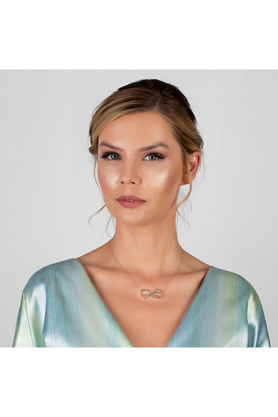 Tesbihane Kişiye Özel İsim Tarih Yazılı Gold Renk 925 Ayar Gümüş Sonsuzluk Kalp Kolye