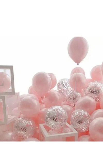 asöy Macaron Pink Silver Confetili Transparent Balloon Macaron Soft Silver Sequin Transparent Balloon Set 12 Inch 20 Pieces
