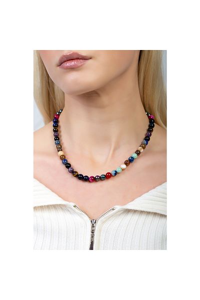 Tesbihane Globe Cut Chakra Natural Stone Combination Women's Success Necklace