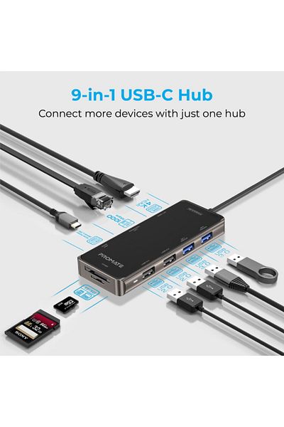 Promate موزع USB من النوع C، USB، HDMI، Ethernet وقارئ بطاقات MD&SD - Primehub-go