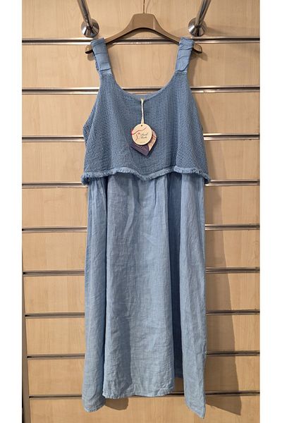 Park Moda Italian Linen Dress with Mesh Strap and Fringe Detail