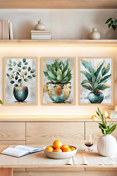 kutuTR 🌿 Çerçeve Görünümlü 3’lü Bitki Temalı Tablo Seti🌟 CRVS1112
