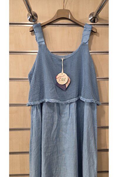 Park Moda Italian Linen Dress with Mesh Strap and Fringe Detail