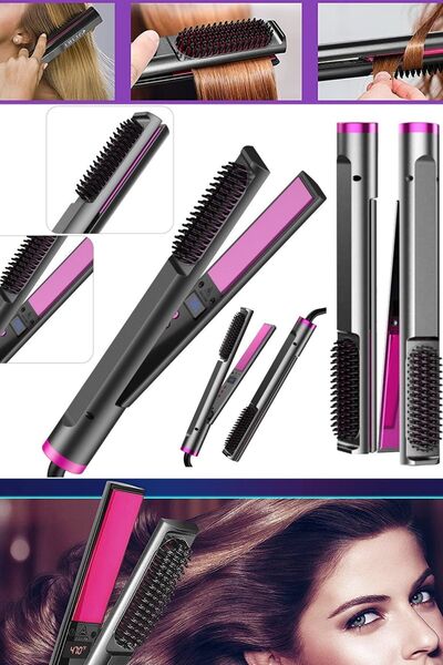 3 In 1 Arada Elektrikli Saç Düzleştirici Fırça Tarak Islak Ve Kuru Saç Düzleştirme Plaka Düz Seramik