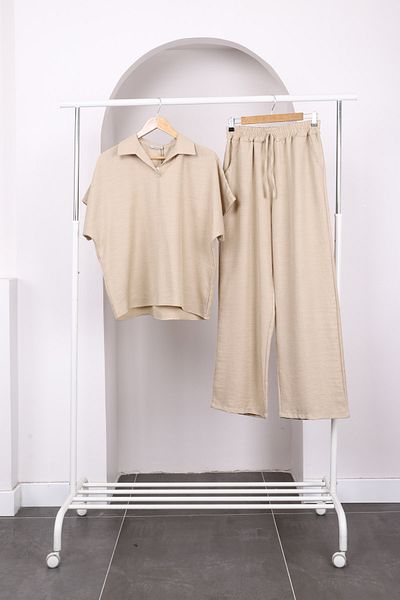 İmajButik Mink Off-Shoulder Shirt and Trousers Linen Suit