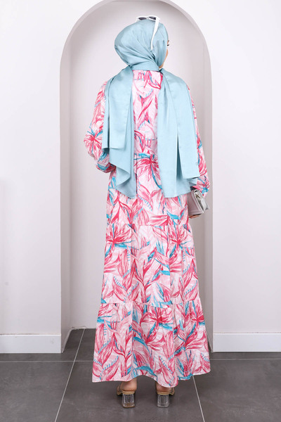 İmajButik Ροζ Φόρεμα με μισό κουμπί με μοτίβο