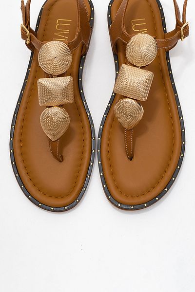 LuviShoes Дамски джапанки HELEN от естествена кожа в кафяво със златна катарама