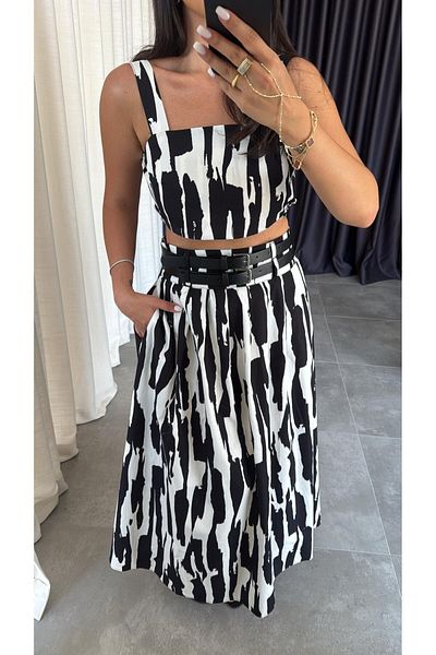 TB Butik Black-White Double Belted Bustier Skirt Suit