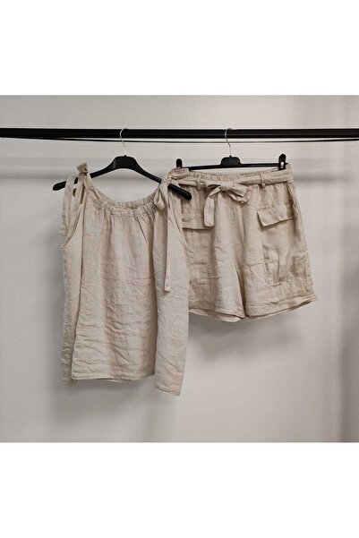 Luisido Μπεζ ιταλικό λινό κοστούμι με σορτς χωρίς μανίκια