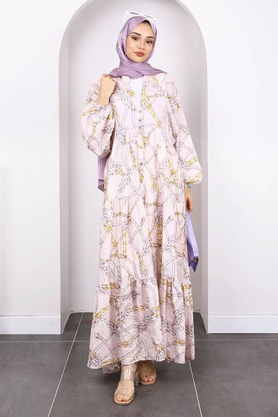 İmajButik Φόρεμα με μισό κουμπί σε πούδρα