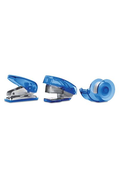 dalimag Stationery Set with Mini Hole Punch, Adhesive Tape, Stapler with 300 Staples, Transparent Box, Blue,