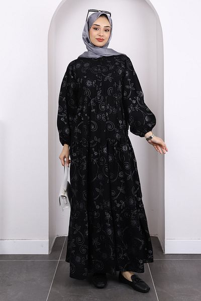 İmajButik Μαύρο μοτίβο με μισό κουμπί μανίκι ελαστικό φόρεμα
