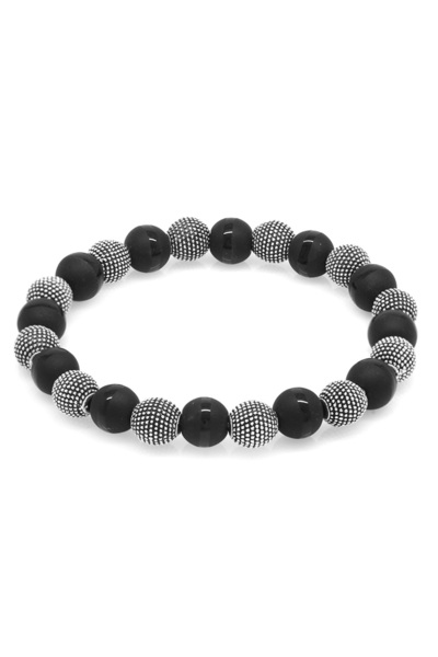 Tesbihane Onyx Metal Combination Sphere Cut Natural Stone Bracelet with Stripes in the Middle