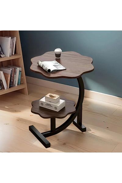 rexa 2-Tier Flower-Shaped Side Table with Faux Marble & Black Base