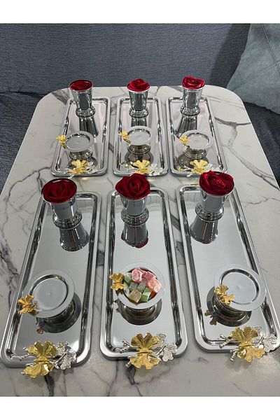 NEWTREND Züccaciye 3 Different Models Silver 6-Piece Steel Baton Presentation Tray Silver Rose Bucket (with Roses) Butterfly Macaron Holder
