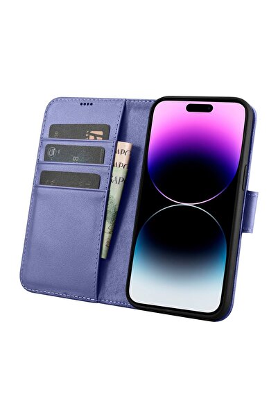 ICARER Husă portofel 2 în 1 din piele cu clapă pentru iPhone 14 Pro, anti-RFID, violet deschis