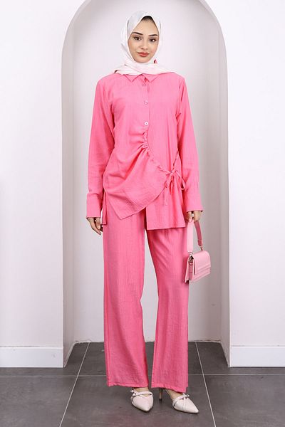 İmajButik Pink Front Tie Tunic Pants Suit