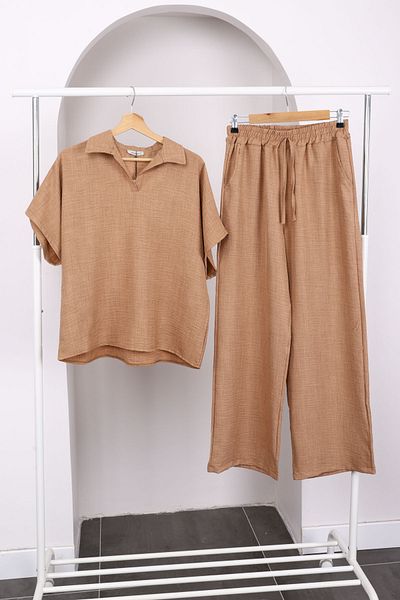 İmajButik Μπισκότο Πουκάμισο Off Shoulder Σετ Λινό με Παντελόνι