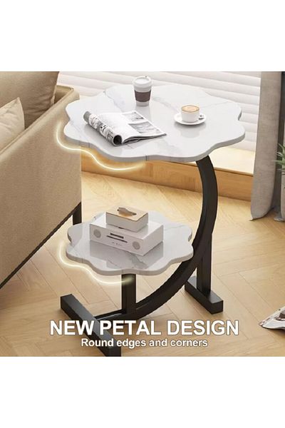 rexa 2-Tier Flower-Shaped Side Table with Faux Marble & Black Base