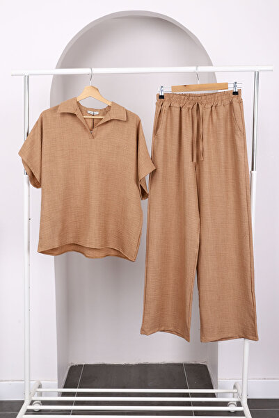 İmajButik Μπισκότο Πουκάμισο Off Shoulder Σετ Λινό με Παντελόνι