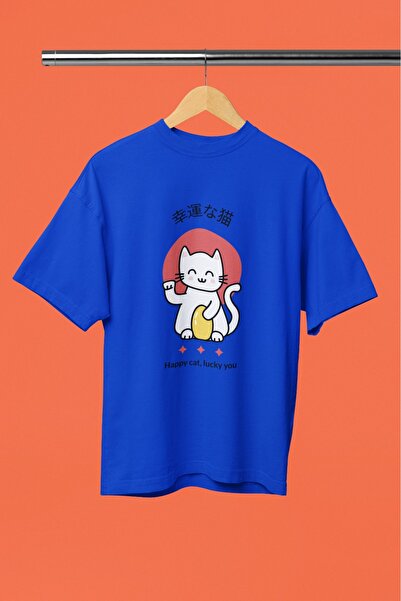 ArtYus TRIUC CU MÂNĂ SCURTĂ CU Gât rotund, cu imprimeu prin transfer, pentru bărbați/femei, HAPPY CAT LUCKY YOU