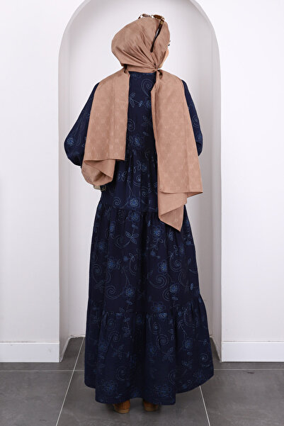 İmajButik Μπλε ναυτικό μοτίβο με μισό κουμπί μανίκι ελαστικό φόρεμα