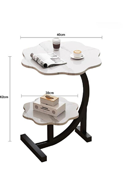 rexa 2-Tier Flower-Shaped Side Table with Faux Marble & Black Base