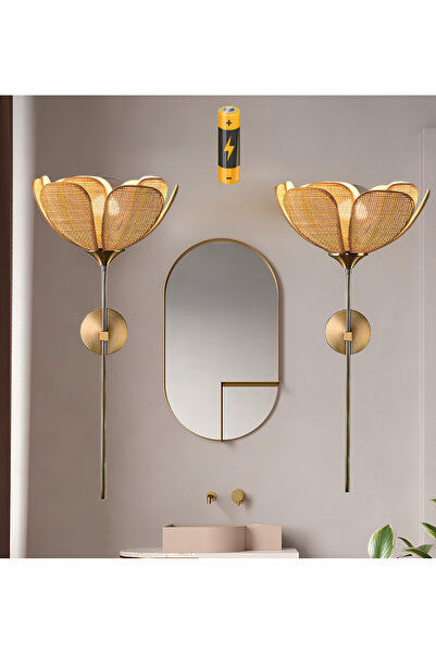 burenze Modern Bohem Tasarım Rose Çiçek Aplik Kablosuz Pilli Aplik Hazeran Hasır Kumaş Eskitme Gold