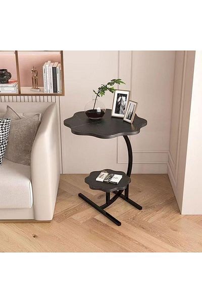 rexa 2-Tier Flower-Shaped Side Table with Faux Marble & Black Base