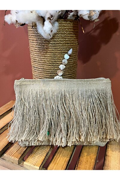 göksu tasarım atölyesi jüt püsküllü clutch çanta